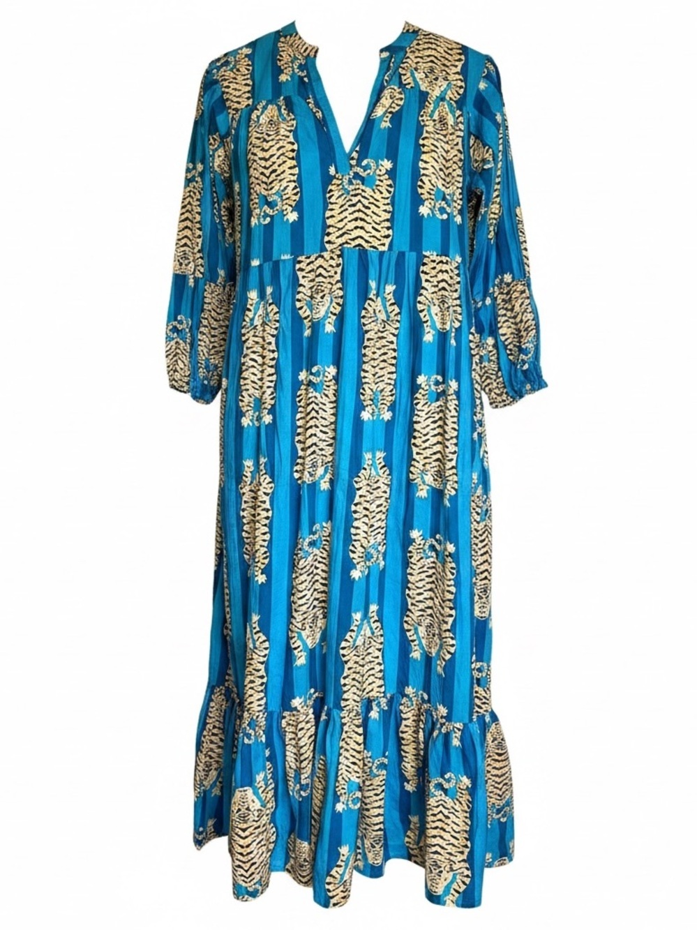 Fox & Hen Maxi Dress Sz L Tiered Eye Of The Tiger Jungle Safari Teal Statement